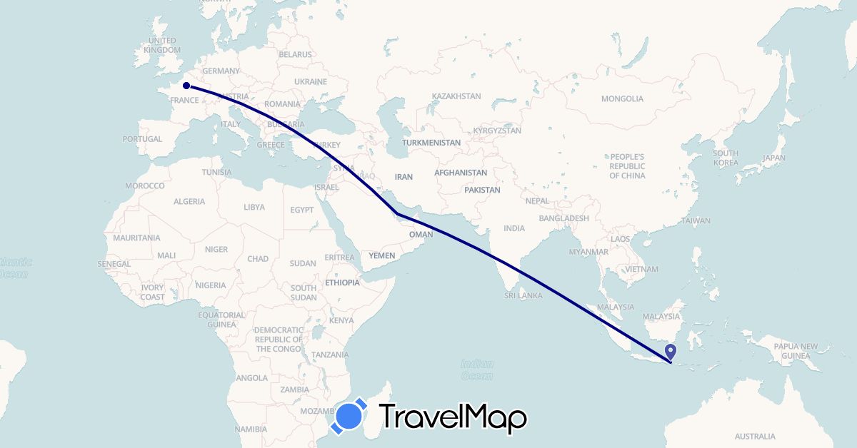 TravelMap itinerary: driving in France, Indonesia, Qatar (Asia, Europe)